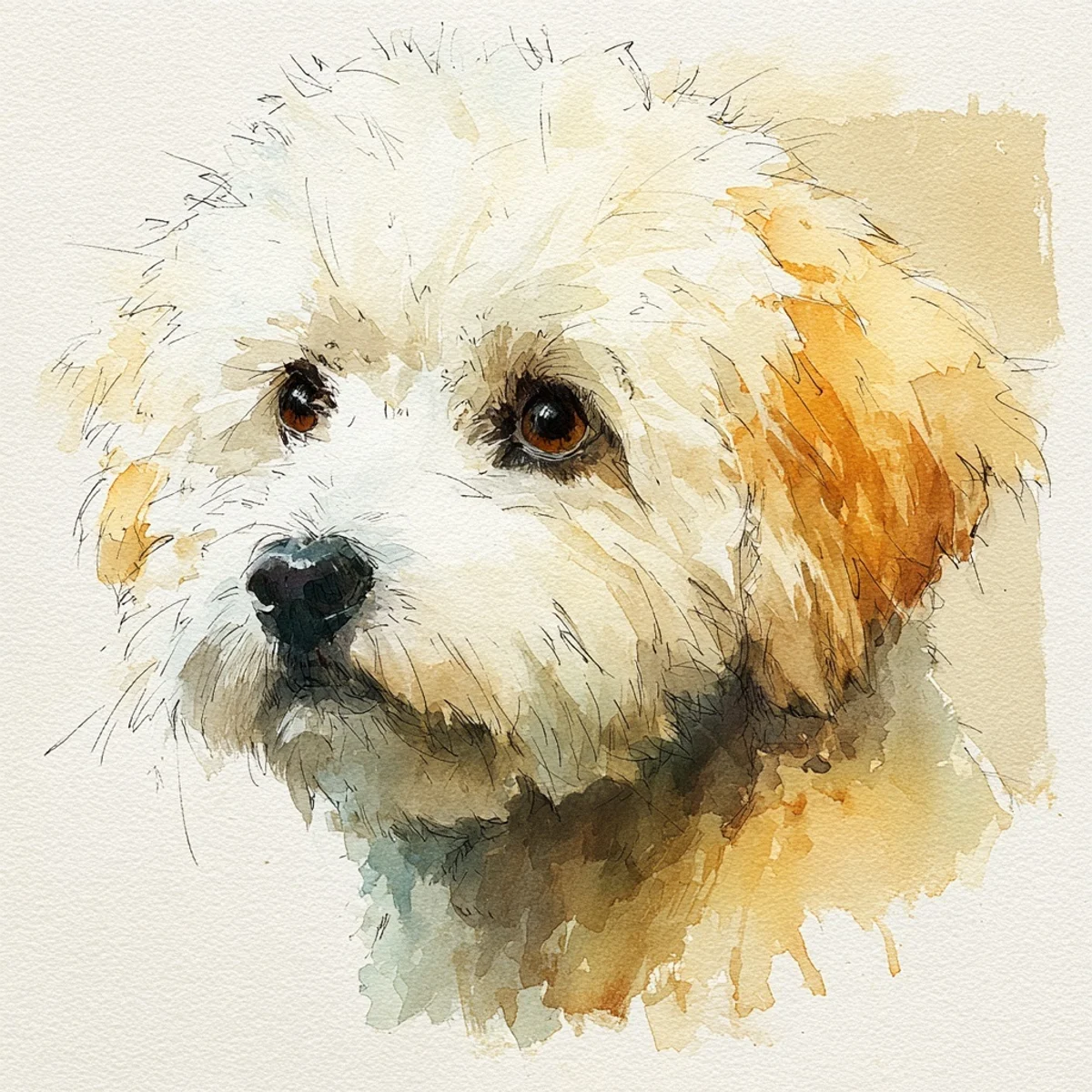 A dog painted in soft watercolour by Olea & Hound, evoking a bright day by the sea