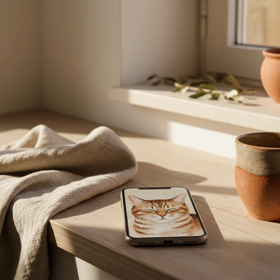 A phone on a kitchen counter showing the portrait as wallpaper
