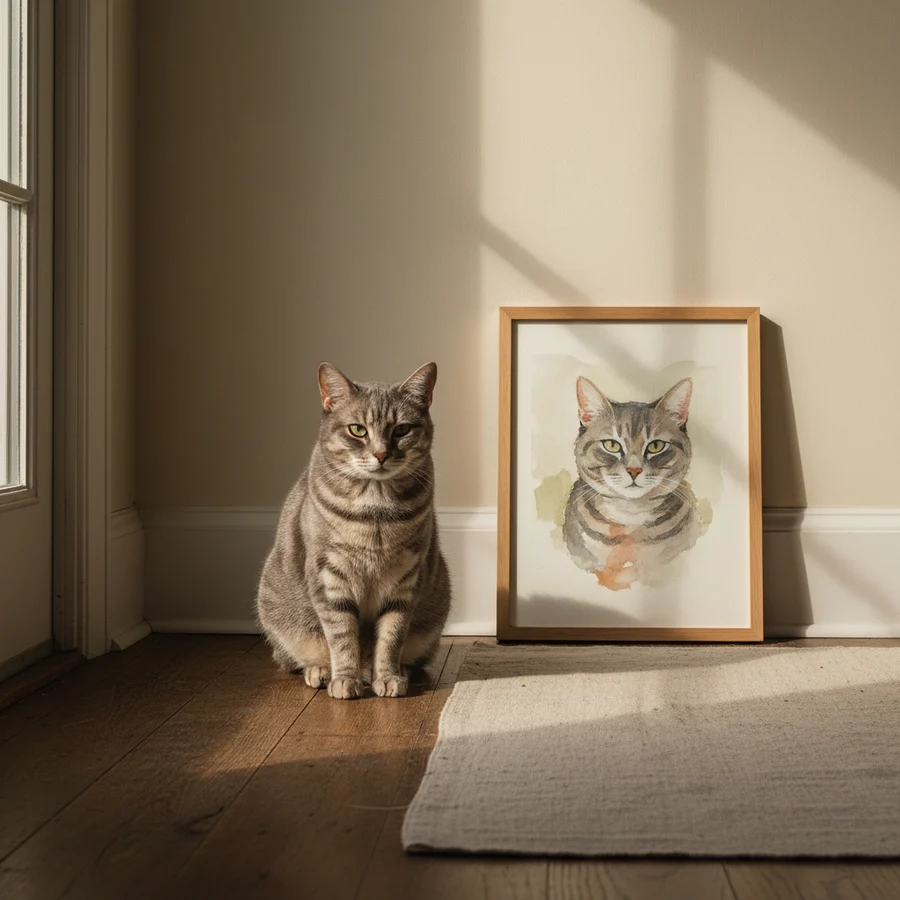 A grey cat sitting beside their own watercolour portrait