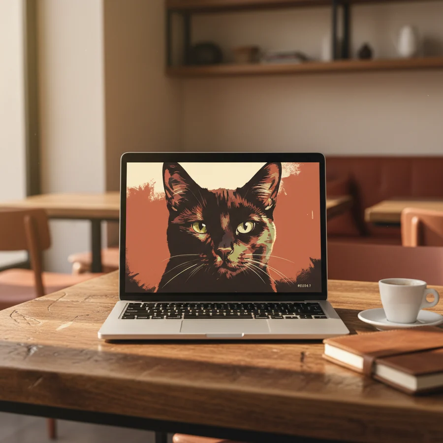 A MacBook in a coffee shop with a pop art cat wallpaper